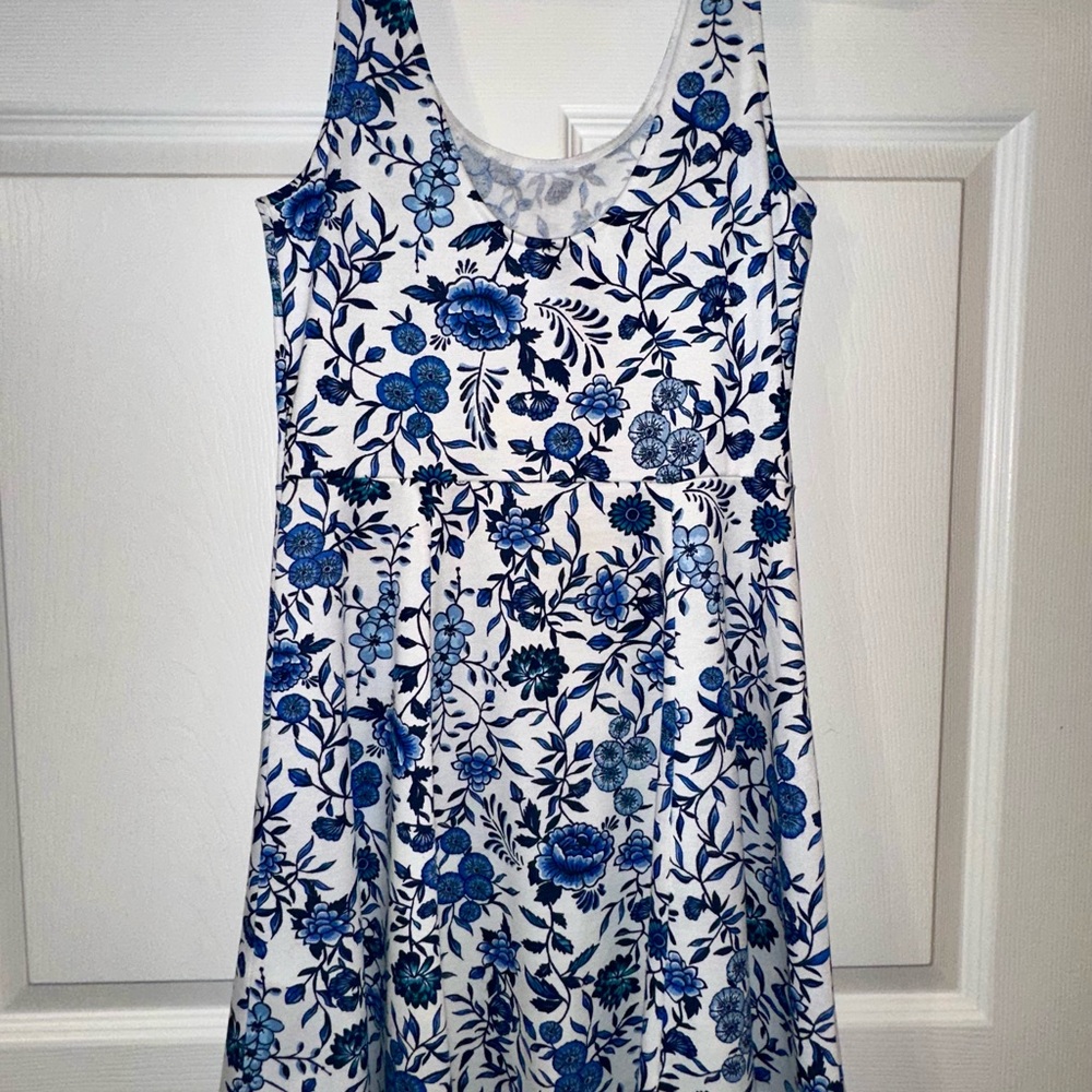 H&M White Midi Dress with Blue Floral Print